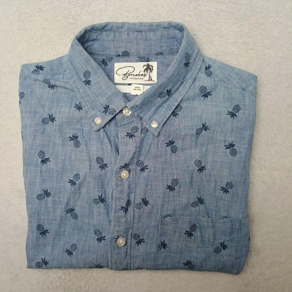 Bonobos Shirt Mens M Blue Chambray Button-Up Pineapple Print Slim Fit Casual